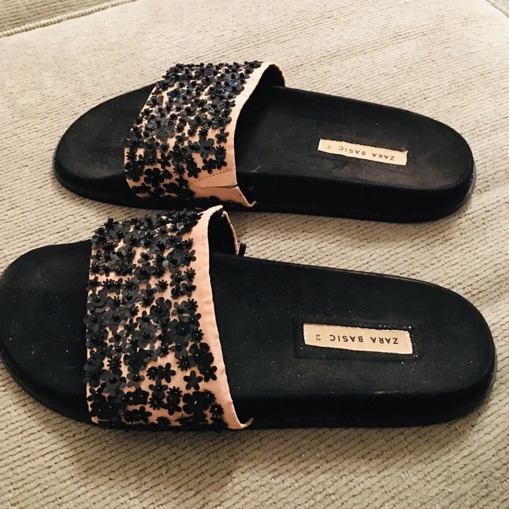 Zara Basic Floral Bead Rhinestones Black Pink Slide Sandals Size 42 - Picture 6 of 8
